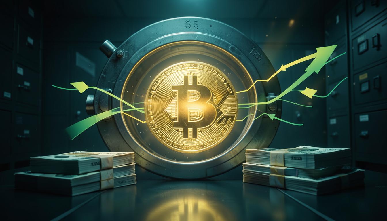 Bitcoin phát sáng bên trong hầm chứa của doanh nghiệp cùng các mũi tên dòng tiền ETF