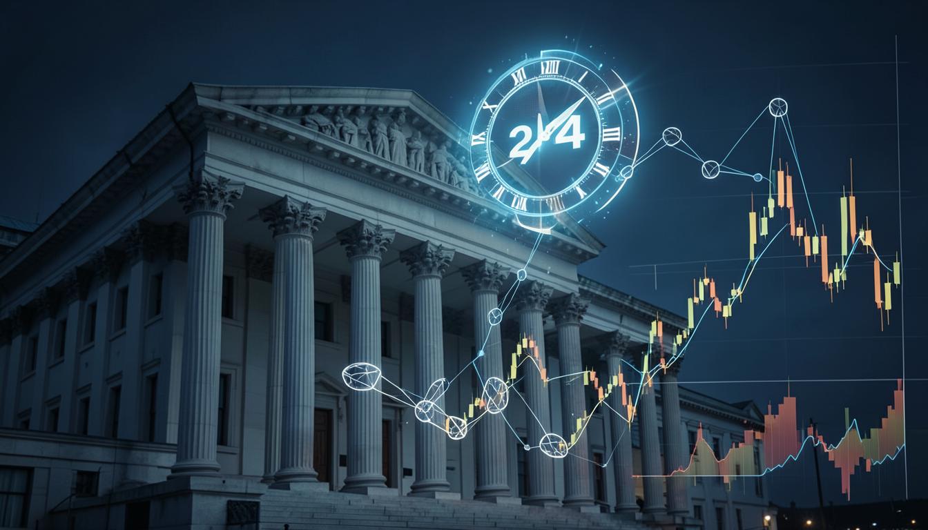 Tòa nhà cơ quan quản lý với đồng hồ hologram 24/7 và biểu đồ thị trường blockchain