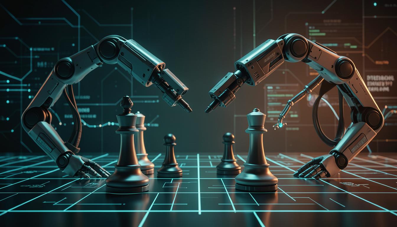 Hai cánh tay robot AI thi đấu trên bàn cờ kỹ thuật số