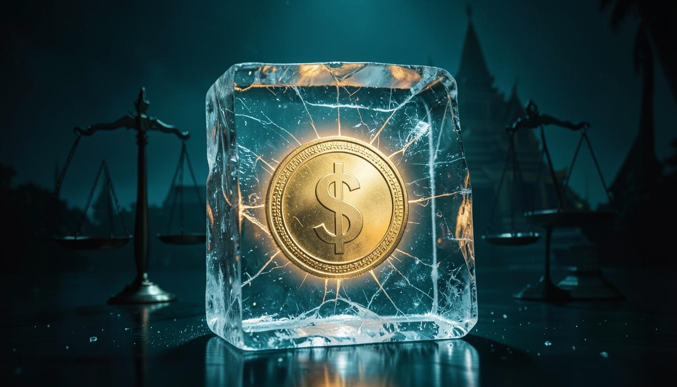Đồng stablecoin bị đóng băng trong băng đá cùng cán cân công lý, phía sau là ngôi chùa Thái Lan